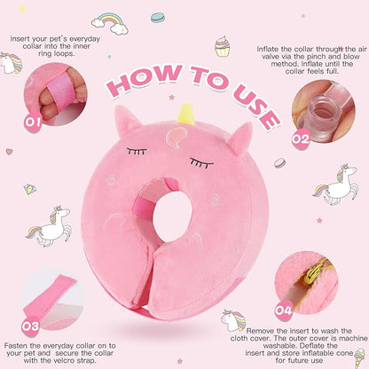 IEUUMLER Inflatable Recovery Dog Collar, Protective Donut Cone, Adjustable Soft Collar for Dog and Cat After Surgery Prevent from Biting & Scratching EU002 - Unicorn L+