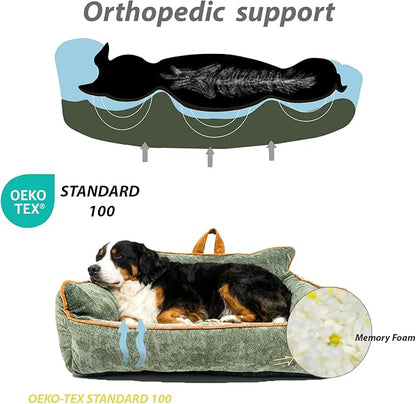 Orthopedic Dog Bed with Memory Foam, Washable Plush Pet Bed for Small, Medium & Large Dogs, Cozy Bolster Crate Dog Bed for Joint Support & Comfort.(Green)