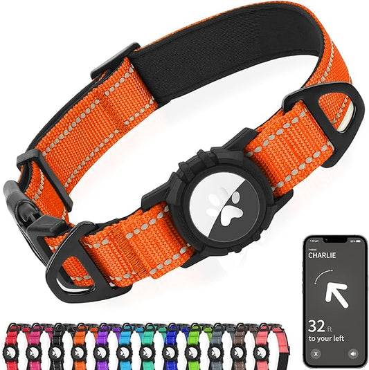 Joytale Airtag Dog Collar, Reflective Pet Collar with Waterproof AirTag Holder, Dual D-Rings, Soft Padded Adjustable for Large Dogs, Orange, L