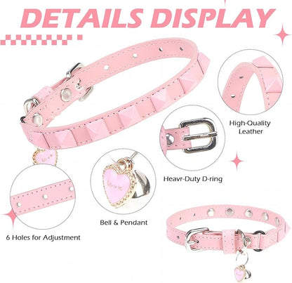 EXPAWLORER Halloween Leather Cat Collar - Adjustable Pet Collar with Rivet Spike for Girl Boy Cats, Punk Accessories with Bell & Durable D-Ring,Pink Square Nails