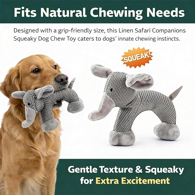 Linen Safari Companions, Squeaky Dog Chew Animals, with Durable Linen Material, Durable and Resistant to Chewing, for Relieve Dog's Boredom (Elephant)