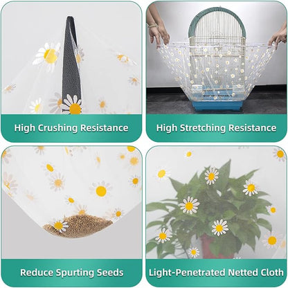 Bird Cage Seed Catcher, Seed Catcher Guard Net Cover, Parrot Nylon Mesh Net Cover, Universal Soft Airy Cage Net Stretchy Skirt for Round Square Cages (Daisy-White, 15.7" x87")