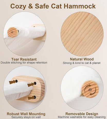 Cat Wall Hammock, Dual-Sided Cat Wall Bed with Canvas & Plush Fabric for All Seasons, Wall Mounted Shelf for Large Cats, Modern Perches for Lounging & Napping