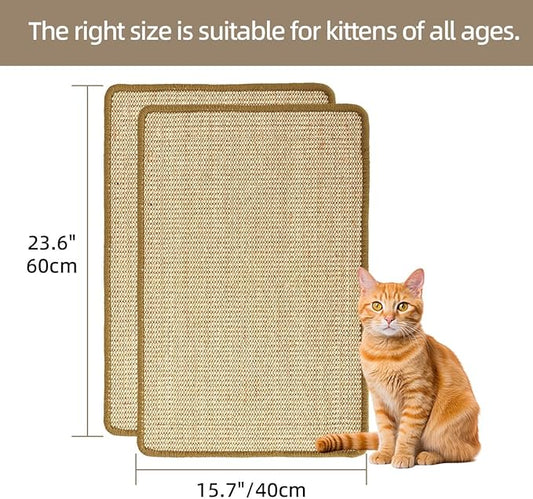 Cat Scratcher Mat [2-Pack], 23.6 X 15.7 Inch, Natural Sisal Cat Scratch Mats, Horizontal Cat Floor Scratching Pad Rug with Sticky Tapes, Protect Couch and Carpets (Natural Color)