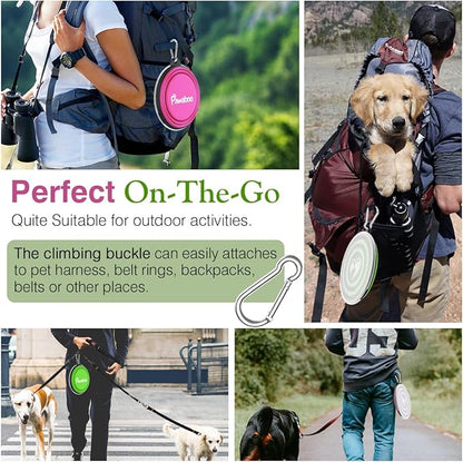 Pawaboo Collapsible Dog Bowls 2 Pack, Silicone Feeding Watering Bowls with Lids & Carabiners for Dogs Cats, Portable Water Feeder Food Bowl for Walking Traveling Home Use, Pink + Green