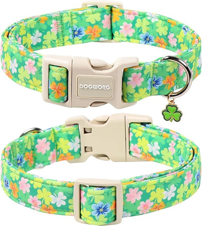 DOGWONG St. Patrick Dog Collar, Comfortable Adjustable Green Clover Pattern Dog Collar for Small Male Female Dogs,XS