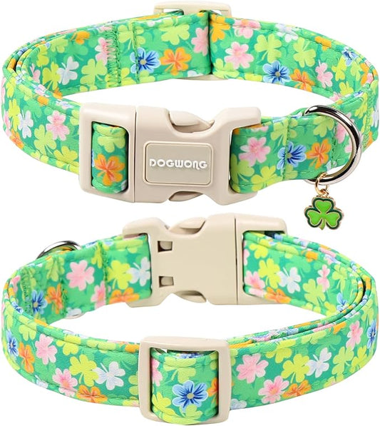 DOGWONG St. Patrick Dog Collar, Comfortable Adjustable Green Clover Pattern Dog Collar for Small Male Female Dogs,S