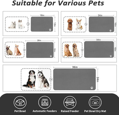 Dog Food Mat - Absorbent Cat Mat for Food and Water, No Stains Pet Feeding Bowl Mat, Easy to Clean Pet Placemats, Quick Dry Dog Water Dispenser Mat for Messy Drinkers | Paw Dark Grey 12"x 19"