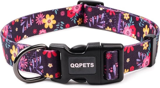 QQPETS Adjustable Soft Dog Collar: Print Flower Pink Multicolor Cute Patterns for XS Small Medium Large Pet Girl Boy Puppy Walking Running Training (S, Elegant Purple)