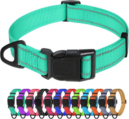 TagME Reflective Nylon Dog Collars, Adjustable Classic Pet Collar with Quick Release Buckle for Medium Dogs, Turquoise, 1.0" Width