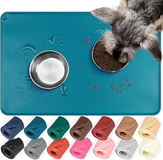 VIVAGLORY Dog Food Mat Flexmat Dog Bowl Mat, Placemat Food Tray with Raised Edges & Lip for Indoor Floor, Non Slip Waterproof Silicone Dish Placemat for Cat & Pet, S, Deep Blue