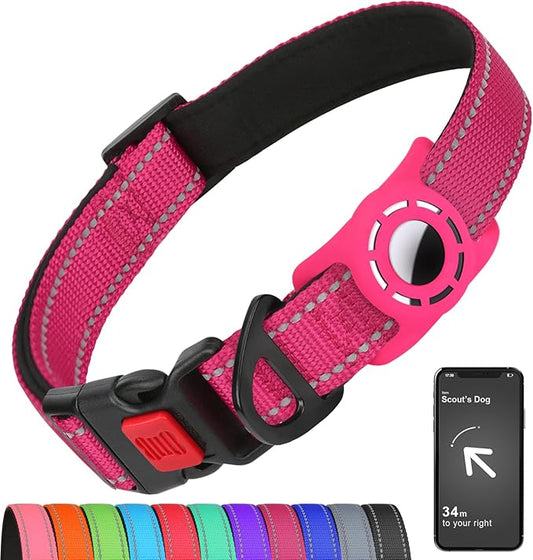 Airtag Dog Collar with AirTag Holder for Large Dogs, Reflective, Soft Padded & Safety Locking Buckle, Nylon Pet Collars Adjustable for All Breeds, Hotpink,L