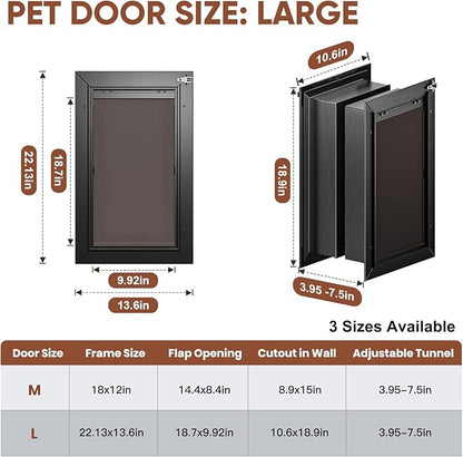 3-Flap Dog Door, All Aluminum Alloy Large Doggy Door Doggie door for Wall, Heavy Duty Pet Door Easy to Install, Energy Efficient, Telescoping Tunnel for Interior & Exterior Wall, Pet Up to 110Lb-Black