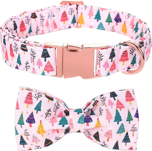Christmas Dog Collar, Pink Christmas Tree Soft Comfortable Collars with Bow Adjustable Pet Collar with Premium Metal Buckle Puppy Necklace for X-Small Girl Dogs