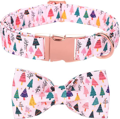 Christmas Dog Collar, Pink Christmas Tree Soft Comfortable Collars with Bow Adjustable Pet Collar with Premium Metal Buckle Dog Necklace for Large Girl Dogs