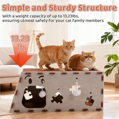Large Felt Cat Cave & Tunnel with Hanging Balls, Built-in Scratcher - Modular Peekaboo Cat Hideaway House for Large Breed Cats, Stackable Play & Rest Bed