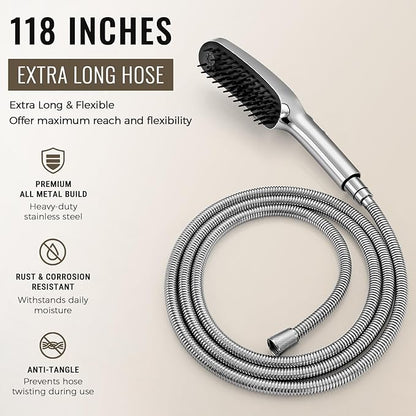 G-Promise 3 Mode Dog Shower Attachment with Pause Mode, Dog shower Sprayer with 118 Inches Stainless Steel Hose, Metal Diverter, Adhesive Holder, for Fast and Easy Dog Bathing and Cleaning(Chrome)