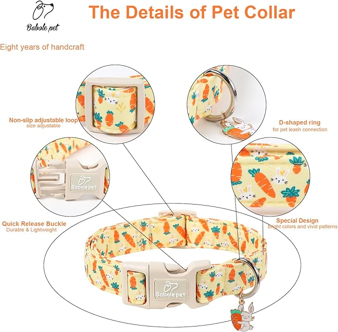 Easter Dog Collar for Large Dogs - Cute Carrot Bunny Easter Collars for Boy Girl Dogs, Lightweight Adjustable Yellow Cartoon Holiday Dog Collar L