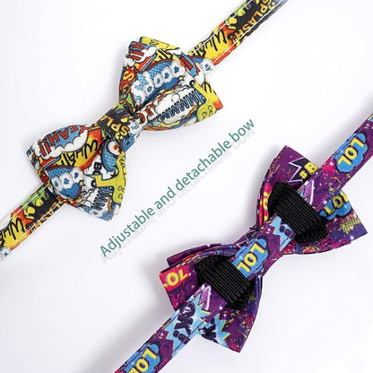 Faygarsle 2 Pack Cotton Designer Breakaway Cats Collar with Bow Tie and Bell Graffiti Style Cat Collars for Girl Female Boy Male Cat Collar with Bell Collars for Cats Purple Yellow