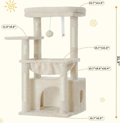 Heybly Cat Tree, Kitten Tower with Large Soft Cat Basket, Cat Condo with Spacious Cat Bed Cave with Hidden Space, Sisal-Covered Scratching Posts, Dangling Ball for Indoor Cats, Beige HCT008SM