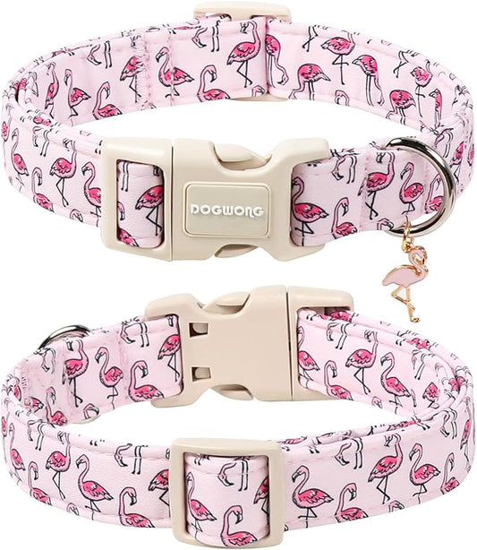 DOGWONG Cute Pet Dog Collar Pink Flamingos Cotton Dog Collar- Soft Girl Puppy Adjustable Pet Collars for Small Medium Large Dogs,S
