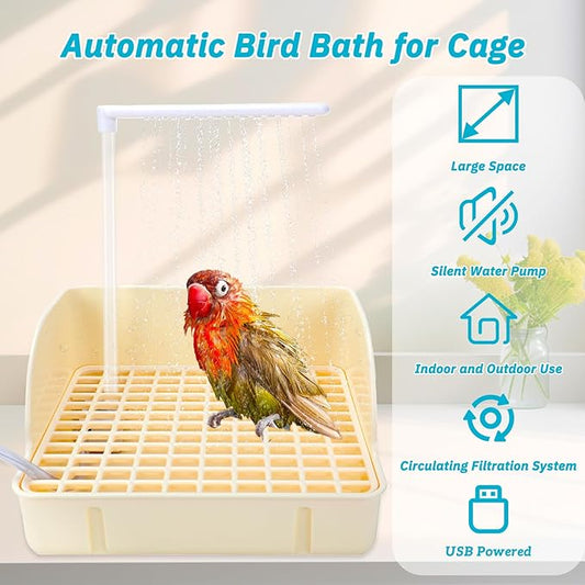 Automatic Bird Bath with Pump, Parrot Bathtub with Anti-Bite Cord Protector, USB Electric Large Bird Bathtub Circulating Water Bird Shower for Parakeet Cockatiel African Grey Lovebird(Beige)