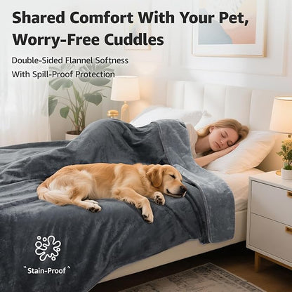 LOOBANI Waterproof Blanket for Bed: Reversible Soft Flannel King Size Bed Blanket 85" x 108", Waterproof Dog Blankets for Large Dogs, Spill-Proof Cover for Furniture Protection, Movie Time, Grey