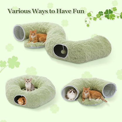 PEQULTI Cat Tunnel with Bed for Indoor Cats, Cat Play Donut Tunnel with Washable Soft Plush Mat, Round Tube Toys Cute Tube for Kittens, Puppies, Rabbits and Ferrets, Green
