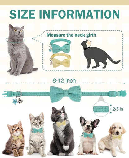 Cat Collar Breakaway with Bells, Soft Cotton Cat Bowtie Collar for Girl Boy Cats, Small Cats Collar with Bow for Spring Summer, 2 Pack Cute Kitten Collars with Removable Bowtie 8-12Inch