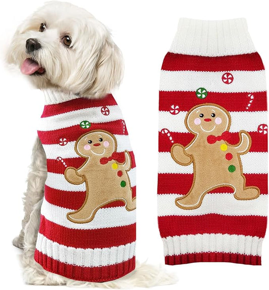 Dog Christmas Sweater Xmas Pet Clothes Cute Striped Gingerbread Man Costume Holiday Puppy Cat Jumpers Outfits New Year Gifts for Small Medium Large Dogs(Red Gingerbread Man,XXS)