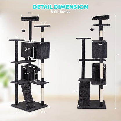 FDW | 70" Cat Tree Tower | Dark Gray | Multi-Level Indoor Activity Center with Sisal Scratching Posts, Condos, Plush Perches, Hanging Cat Toys | Sturdy, Easy to Assemble | for Kittens & Adult Cats