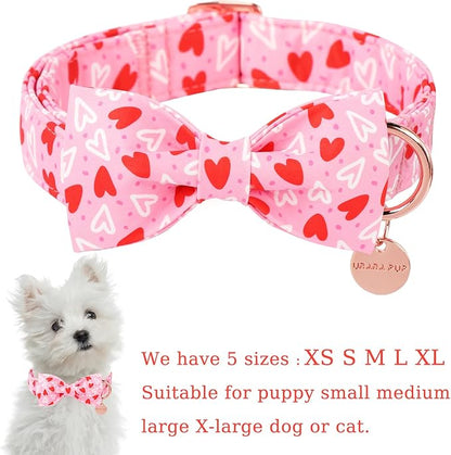 Valentine’s Day Dog Collar with Bow Tie, Red Heart Bowtie Collar with Metal Buckle, Valentine’s Day Gift Pet Collar for Puppy Girl Boy Dog or Cat, Wedding Dog Collar, XS, Neck 8-12in