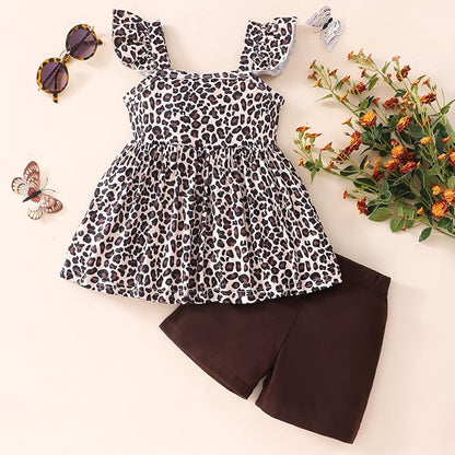 Toddler Baby Girls Summer Clothes Outfits Ruffled Sleeve Dinosaur Shirt Leopard Tops and Shorts Pants Sets 2PCS