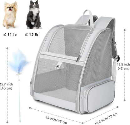 Cat Backpack Carrier, Large Pet Carrier Backpack with Kitten Wand Feather Toy for Medium Small Dog Cat Puppy Kitty Bunny up to 15lbs, Ventilated Mesh Kitten Bookbag for Travel Walking Outdoor (Grey)