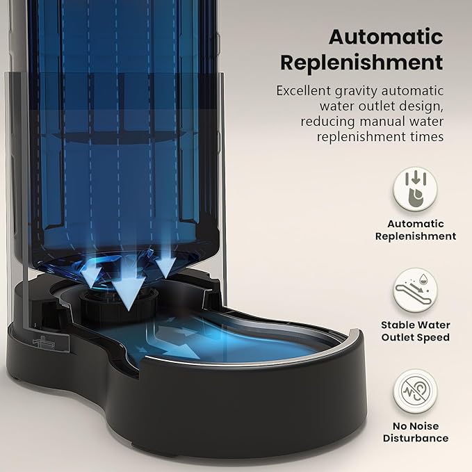 CZPET Dog Water Bowl Dispenser, 8L Automatic Dog and Cat Water Dispenser with Stainless Steel Bowl, Gravity Waterer, Large Capacity, and Quiet Drinking Area for Pets (8L,Black)