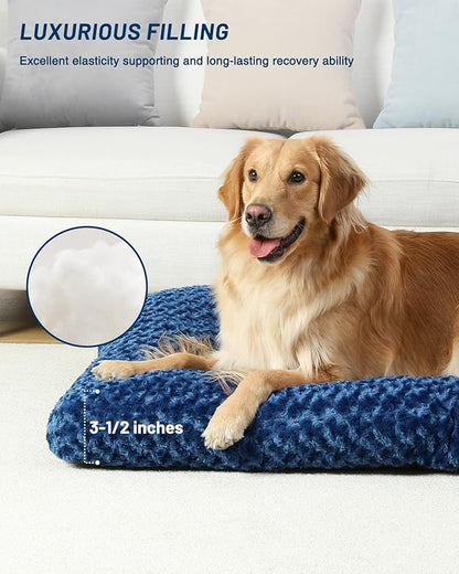 KSIIA Washable Dog Bed Comfy Dog Crate Pad Deluxe Plush Pet Bed Non-Slip Kennel Pad for Large Dogs, 35" x 23", Blue