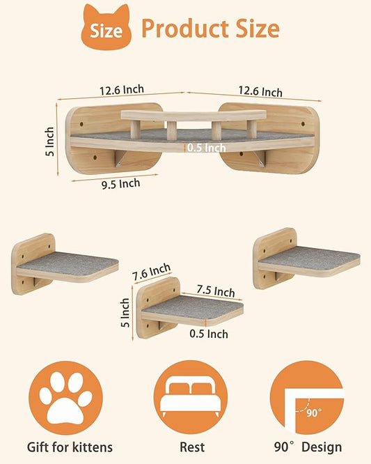 Megidok Cat Wall Furniture Corner Climbing Shelf Perches, Cat Bed Wall Mounted with 3 Wide Steps,Modern Floating Stairs for Wall Indoor Cats up to 22 Lbs for Cats - Wood Color