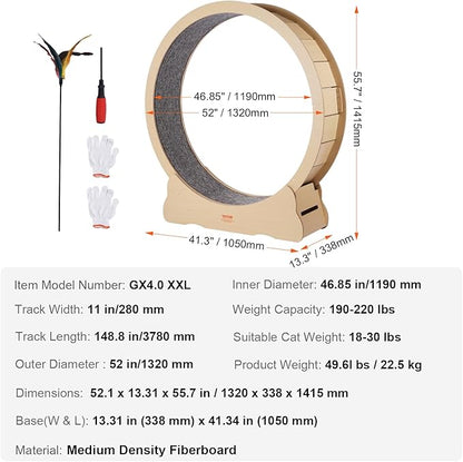 VEVOR Cat Exercise Wheel, 52" Large Cat Treadmill Wheel for Indoor Cats, Running Wheel with Detachable Carpet & Teaser for Running/Walking/Training, Suitable for Most Cats