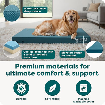 FurHaven Water-Resistant Orthopedic Dog Bed for Medium Dogs, Oxford Polycanvas Mattress with Orthopedic Solid Slab Foam for Joint Support, Removable Washable Cover, Medium, Deep Lagoon