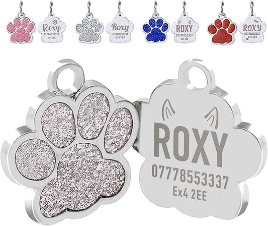 EDSG Cat Dog Tags Personalized for Pets, Dog Name Tags Cat Name ID Tag, Engraved Dog Tags Dog ID Tags Small Glitter Bling ID Tag Paw Print for Cat Pet Dog Puppy(Silver,Design 3)