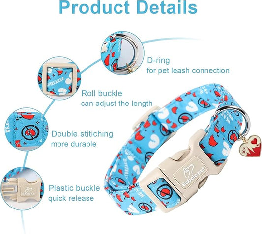 Valentines Dog Collar, Blue Heart Dog Collar, Cute Loving Heart Printed Collar with Quick Release Plastic Buckle for Boys&Girls Dogs, Large