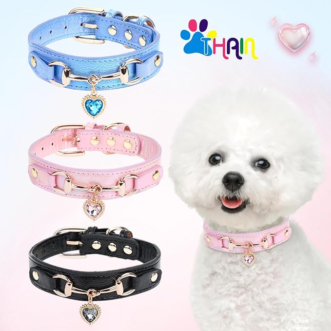 THAIN Fashion Dog Collar with Bling Diamonds & Heart Charm – 5 Holes Adjustable PU Leather Rhinestones Necklace Collar, Gold Buckle for Medium Dogs Girl boy (Black, M)