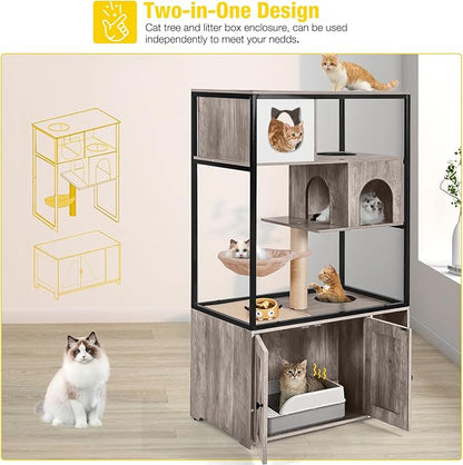 Aivituvin Cat Litter Box Enclosure, Litter Box Furniture Hidden, Wooden Cat Washroom Furniture, Indoor Cats House with Condo, Hammock, Scratching Mat and Storage Shelves-Greige