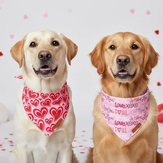 ADOGGYGO Valentine Dog Bandanas 2 Pack, Reversible Heart Love Print Pet Scarf, Premium Fabric, Adjustable Fit Pink Red Valentine Bandanas for Extra Large Dogs (X-Large)