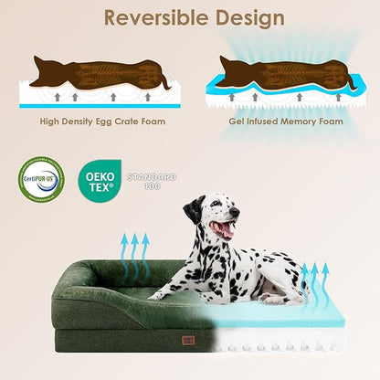EHEYCIGA Orthopedic Dog Bed for Large Sized Dog, 36x27x7 Inch Large Memory Foam Dog Couch Bed with Sides, Waterproof Liner & Washable Removable Cover, Bolster Pet Sofa, Dark Green