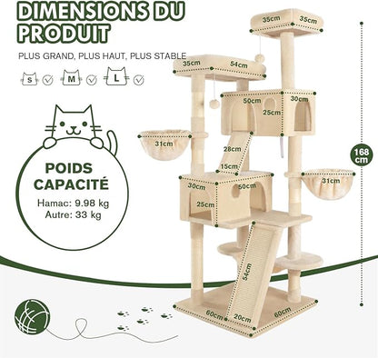 MUTICOR 66 Inches Multi-Level Large Cat Tree Tower for Indoor Big Feline/Cozy Plush Perches/Condo/Sisal Scratching Posts/Hammock and Baskets/Activity Center Play House/Wide Base/Beige
