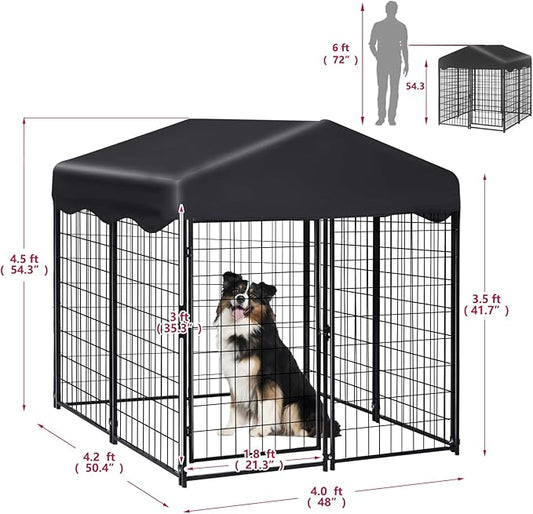 Dog Kennel Outdoor, 4.5' x 4' x 4' Outside Dog Kennel with Roof, Welded Wire Pet Pen with Security Lock Dog Cage for Outside Dog Enclosures for Medium Small Dogs