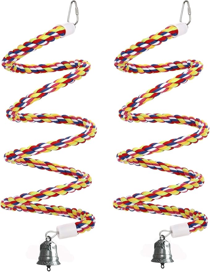 2Pcs 63'' Bird Rope Perches Birdcage Swing Toys 100% Cotton Natural Bird Perch Peck/Chewing with Bell Climbing Standing Bungee Parrot Toys for Small to Regular Size Parrot Cockatiel Birds