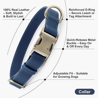 Plutus Pet Genuine Leather Dog Collar – Adjustable Pet Collar with Quick Release Metal Buckle, Soft Real Leather for Small Medium Large Dogs, Heavy Duty & Skin-Friendly (Royal Blue, XS)