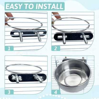 PINVNBY Stainless Steel Bird Bowl Parrot Food Water Bowls with Clamp Holder Bird Feeder Dish Cups Crate Bowls for Cockatiel Pigeons Conure Budgies African Greys (2PCS Screw Size: S)
